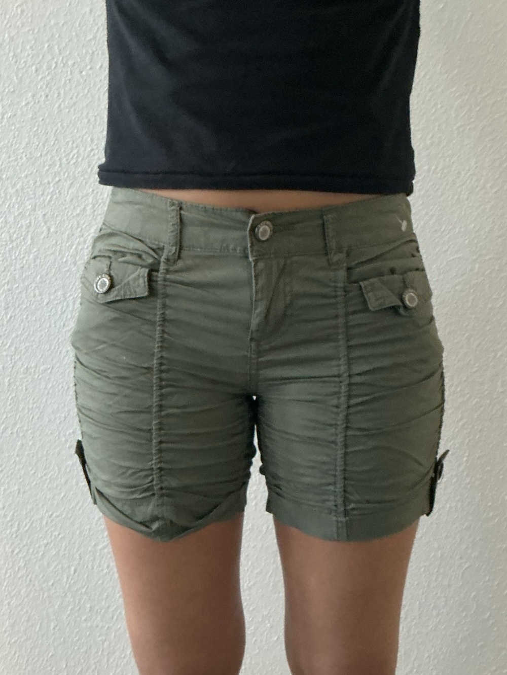 Ruched Olive Green Cargo Shorts with Button Flap Pockets